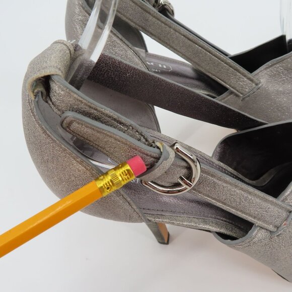 Coach ASHTON Women 9 Shimmer Gray Leather Peep Toe Platform Stiletto Heels Shoes - Picture 9 of 15